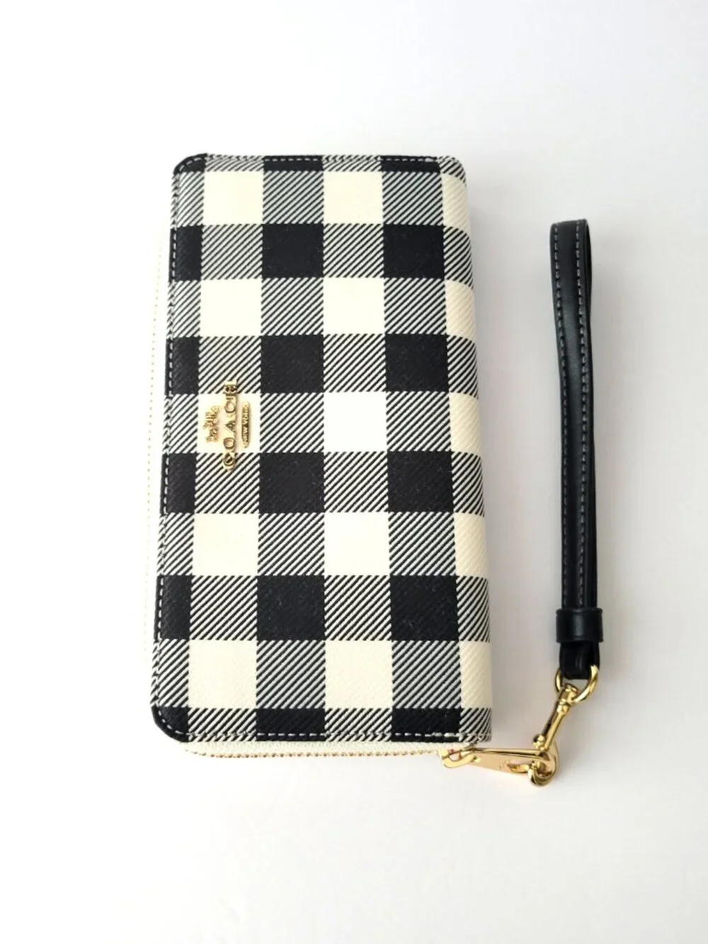 Coach CFA13 Long Zip Around Wallet Jacquard Gingham Print Wristlet Black Multi